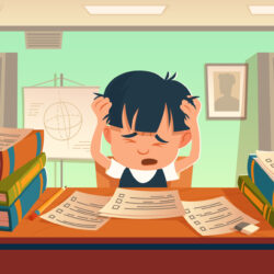 Kid got stress doing homework or prepare for exam. Cartoon schoolboy sitting at desk holding head, textbooks piles and test paper forms scattered around. Sad student in school Vector illustration